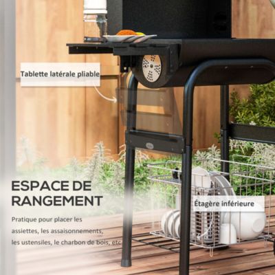 Barbecue charbon de bois avec couvercle 2 roues tablette pliable étagère cheminée thermomètre grilles acier chromée
