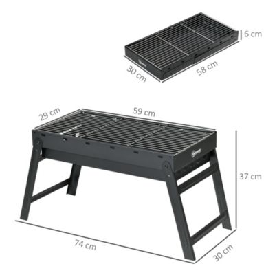 Barbecue à charbon de bois pliable portable dim. 74L x 30l x 37H cm avec grille acier noir