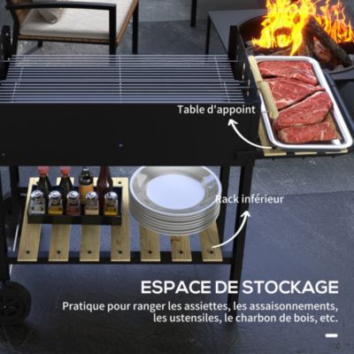 Barbecue à charbon sur pied double grille réglable 2 roues 2 étagères noir