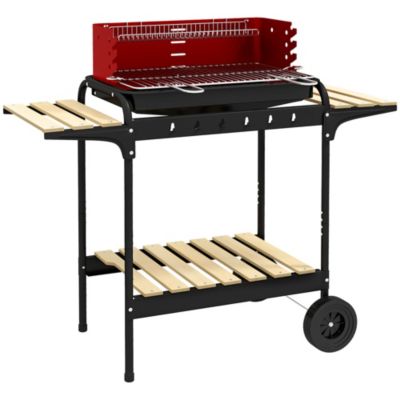 Barbecue à charbon sur pied grille réglable 2 roues 3 étagères récupérateur de cendres rouge