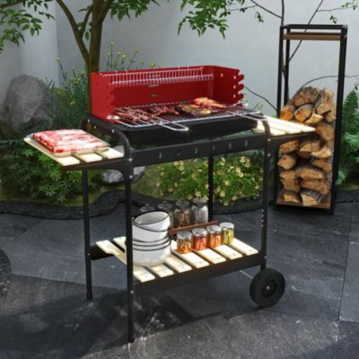 Barbecue à charbon sur pied grille réglable 2 roues 3 étagères récupérateur de cendres rouge