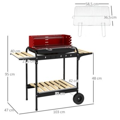 Barbecue à charbon sur pied grille réglable 2 roues 3 étagères récupérateur de cendres rouge