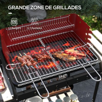 Barbecue à charbon sur pied grille réglable 2 roues 3 étagères récupérateur de cendres rouge
