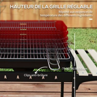 Barbecue à charbon sur pied grille réglable 2 roues 3 étagères récupérateur de cendres rouge
