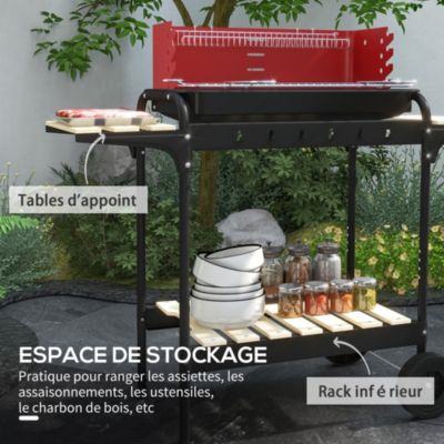 Barbecue à charbon sur pied grille réglable 2 roues 3 étagères récupérateur de cendres rouge