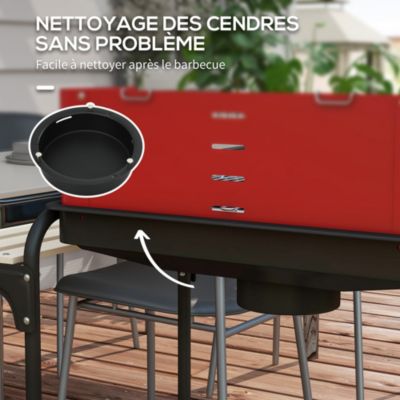 Barbecue à charbon sur pied grille réglable 2 roues 3 étagères récupérateur de cendres rouge
