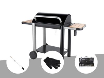 Barbecue charbon Vulcano 3000 + Kit tournebroche + Gant de protection + Malette 8 accessoires inox - Somagic