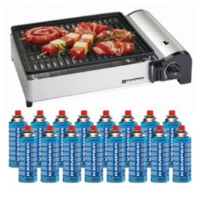 Barbecue à gaz 1900W Grille anti adhesive + 16 cartouches gaz camping KEMPER