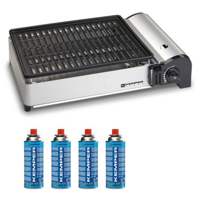 Barbecue à gaz 1900W Grille anti adhesive + 4 cartouches gaz camping KEMPER