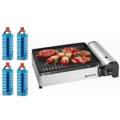 Barbecue à gaz 1900W Grille anti adhesive + 4 cartouches gaz camping KEMPER