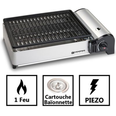 Barbecue à gaz 1900W Grille anti adhesive + 4 cartouches gaz camping KEMPER