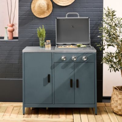 Barbecue gaz 3 brûleurs. bleu gris. 3 portes et 2 espaces de rangement