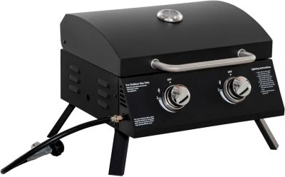 Barbecue Gaz de Table Transportable - Pieds Pliables - 2 brûleurs 5 KW - Grille de Cuisson - Réceptacle Graisse