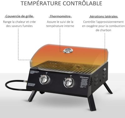 Barbecue Gaz de Table Transportable - Pieds Pliables - 2 brûleurs 5 KW - Grille de Cuisson - Réceptacle Graisse