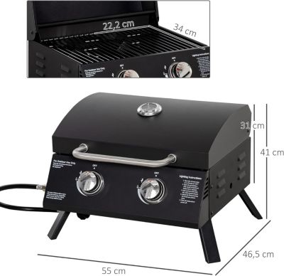 Barbecue Gaz de Table Transportable - Pieds Pliables - 2 brûleurs 5 KW - Grille de Cuisson - Réceptacle Graisse