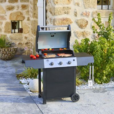 Barbecue gaz ROSTER  3 brûleurs avec plancha et grille de cuisson combinées