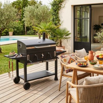 Barbecue Grill charbon de bois - Bernard XL Noir - Avec récupérateur de cendres. aérateurs. bac charbon ajustable et tablettes