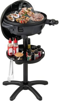 Barbecue Électrique sur Pied 2 EN 1, 12000W, Température Réglable, 2 Zones Plaque , Étagère , Bac à Graisse