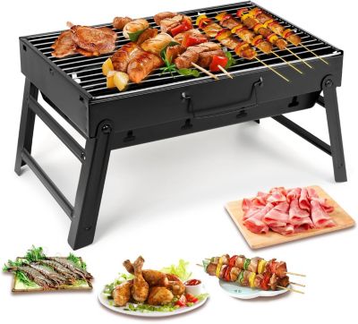 Barbecue portable au charbon de bois avec 2 pinces en acier inoxydable pour barbecue/camping/pique-nique en plein air