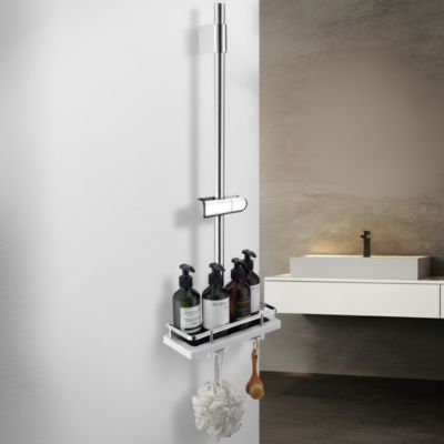 Barre de Douche 900 mm sans Robinet avec Tablette et Crochets 360 Support Douchette Coulissant Installation sans Repercage Chrome