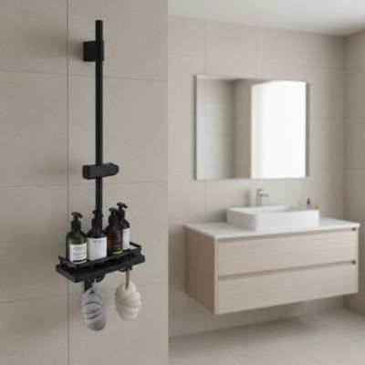 Barre de Douche 900 mm sans Robinet avec Tablette et Crochets Support Douchette Coulissant Installation sans Repercage Noir
