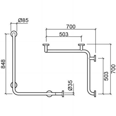 Barre de relèvement et appui en angle horizontal et vertical PMR normes handicapé SANINDUSA NewWCCare inox brossé
