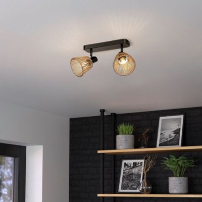 Barre de spot métal noir et fibre naturelle E14 Ø11,5 x L.30cm Eglo, Almendros - 2 lampes