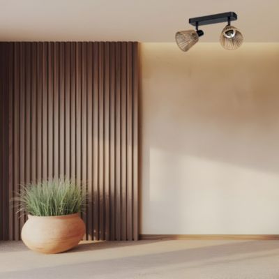 Barre de spot métal noir et fibre naturelle E14 Ø11,5 x L.30cm Eglo, Almendros - 2 lampes