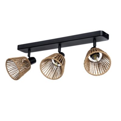 Barre de spot métal noir et fibre naturelle E14 Ø11,5 x L.52cm Eglo, Almendros - 3 lampes