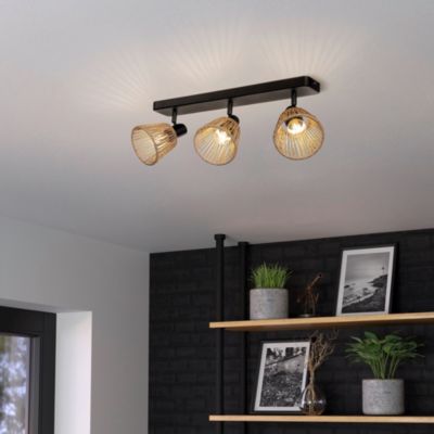 Barre de spot métal noir et fibre naturelle E14 Ø11,5 x L.52cm Eglo, Almendros - 3 lampes