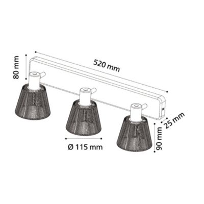 Barre de spot métal noir et fibre naturelle E14 Ø11,5 x L.52cm Eglo, Almendros - 3 lampes
