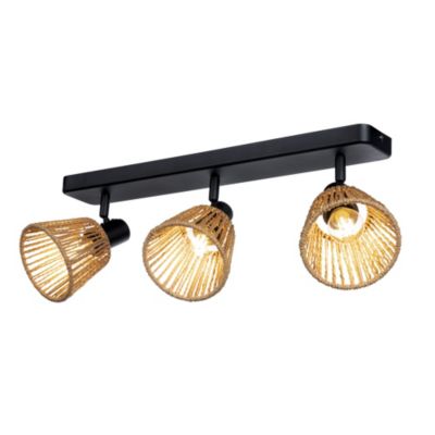 Barre de spot métal noir et fibre naturelle E14 Ø11,5 x L.52cm Eglo, Almendros - 3 lampes