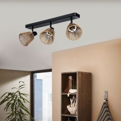 Barre de spot métal noir et fibre naturelle E14 Ø11,5 x L.52cm Eglo, Almendros - 3 lampes