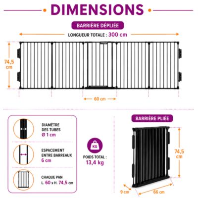 Barrière de sécurité enfant, bébé, animaux - 3 mètres, 5 panneaux modulables et pliables