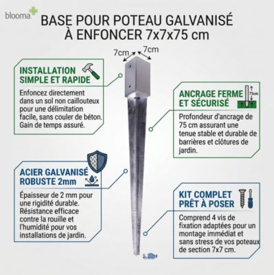 Base pour poteau galvanisé à enfoncer 7 x 7 x 75 cm, Blooma