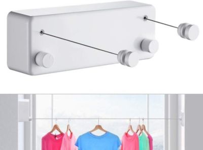 BASHLWUA Blanc Corde à linge rétractable pour intérieur et extérieur - Robuste, 2 fils à linge de 4,2 m en acier inoxydable, fixat