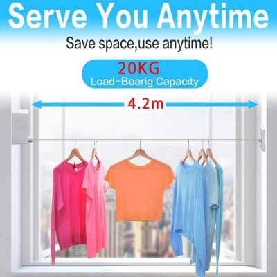 BASHLWUA Blanc Corde à linge rétractable pour intérieur et extérieur - Robuste, 2 fils à linge de 4,2 m en acier inoxydable, fixat