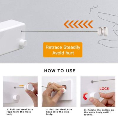 BASHLWUA Blanc Corde à linge rétractable pour intérieur et extérieur - Robuste, 2 fils à linge de 4,2 m en acier inoxydable, fixat