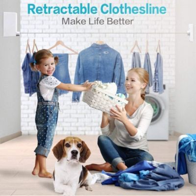 BASHLWUA Blanc Corde à linge rétractable pour intérieur et extérieur - Robuste, 2 fils à linge de 4,2 m en acier inoxydable, fixat