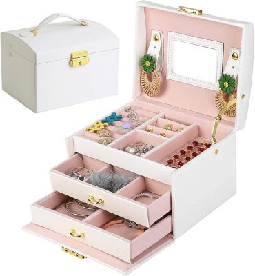 BASHLWUA Boite a Bijoux, Rangement Bijoux Boite a Bijoux Femme, Boîte à Bijoux en Cuir PU avec 2 tiroirs, Coffre à bijoux verrouil