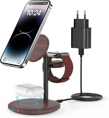 BASHLWUA (Grain de bois marron) Station de charge à induction, chargeur de station de charge sans fil 3 en 1, chargeur sans fil co