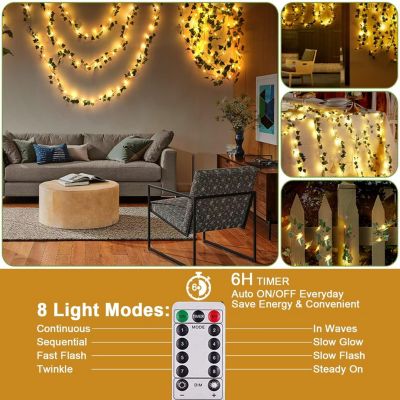 BASHLWUA Guirlande lumineuse artificielle en lierre 10 m 100 LED alimentée par batterie avec télécommande, 8 modes, lumières de No