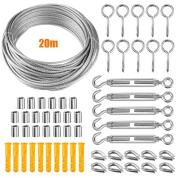 BASHLWUA Kit de fixation d'auvent, Kit de matériel de voile d'ombrage avec câble métallique de 20 m, Kit de fixation de voile d'om