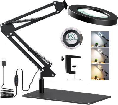 BASHLWUA Lampe de bureau avec loupe 5x et LED, lampe loupe 2 en 1 avec base et pince, 3 modes de couleur, 10 niveaux de luminosité