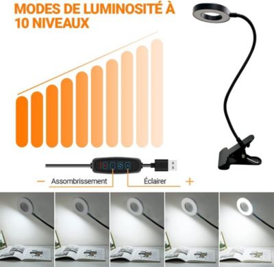 BASHLWUA Lampe de bureau à LED, lampe à pince avec chargeur USB, lampe de lecture à pince flexible à 360  , 3 modes d'éclairage et