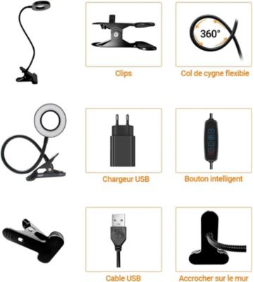 BASHLWUA Lampe de bureau à LED, lampe à pince avec chargeur USB, lampe de lecture à pince flexible à 360  , 3 modes d'éclairage et