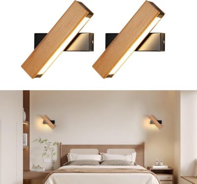 BASHLWUA Lot de 2 appliques murales d'intérieur en bois, 4 W, 450 lm, rotation à 360  , applique murale LED vintage pour chambre à