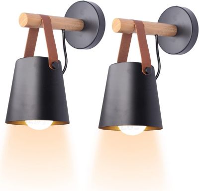 BASHLWUA Lot de 2 appliques murales d'intérieur simples et vintage (noir) - Lampe murale moderne E27 - Abat-jour en métal avec sup
