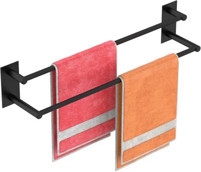 BASHLWUA Porte-serviettes de salle de bain noir mat, aucun perçage requis, barre porte-serviettes de salle de bain à double bras e