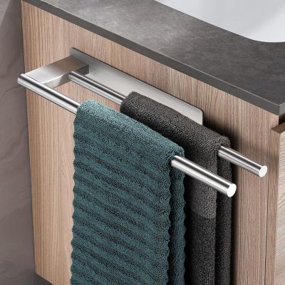 BASHLWUA Porte-serviettes de salle de bain sans perçage en acier inoxydable 304, double barre porte-serviettes adhésive